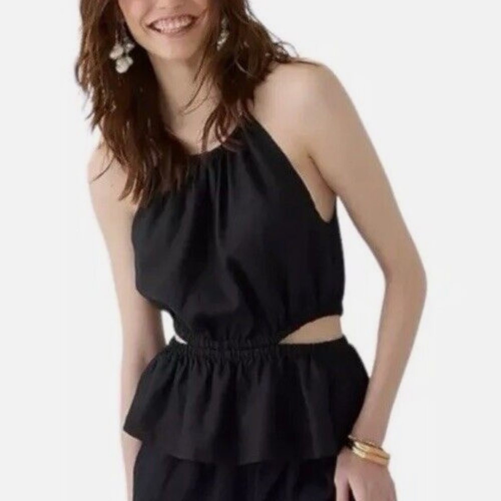 J. Crew Women’s Cutout Linen Tank Top Black Halter Peplum Tie Shoulder